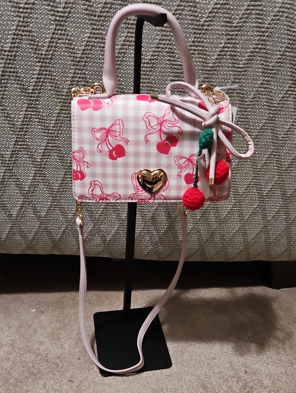 Luv Betsey By Betsey Johnson Pink & White Checked Purse With Red Cherries LBEVIE